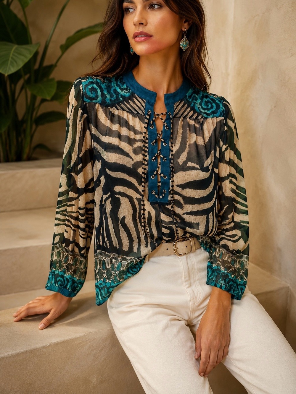 Alberto Makali 100% Silk Zebra & Blue Paisley Print Lace-Up Top Size Medium